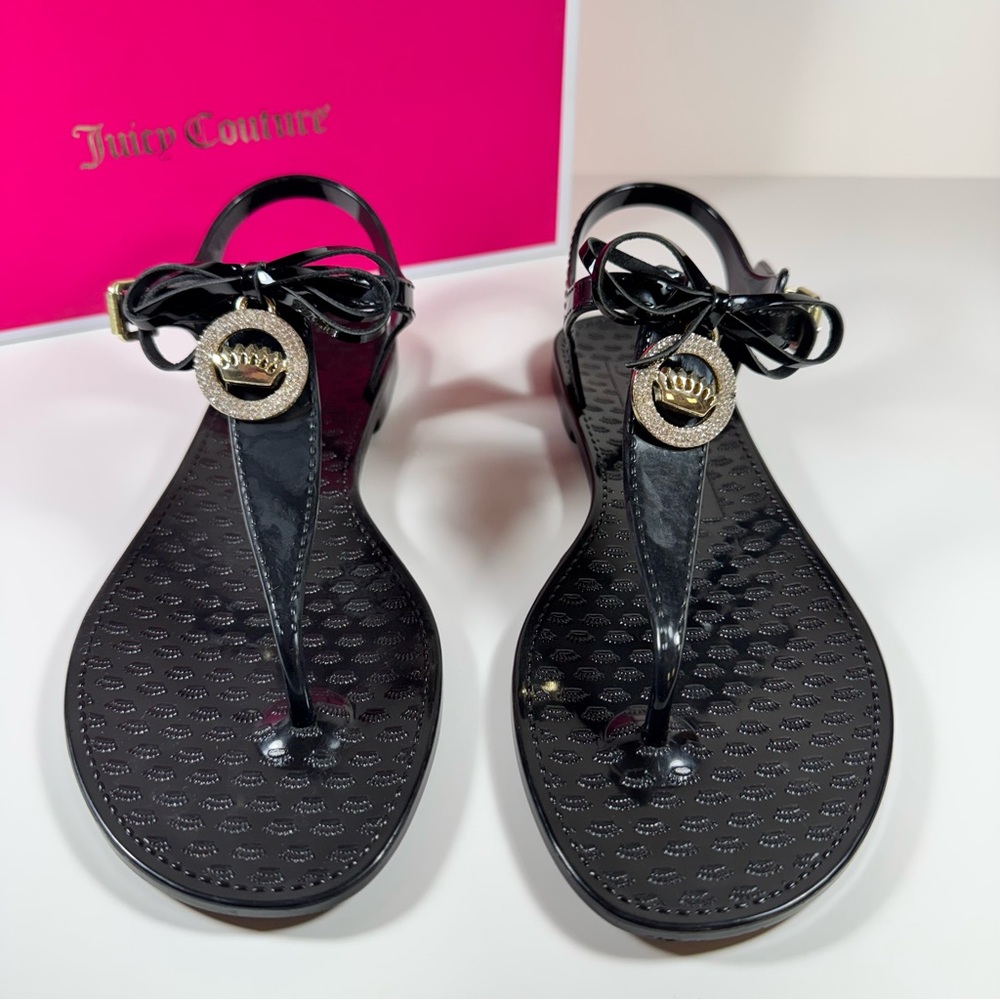 Juicy Couture Black Jelly Bow Thong Sandals Gold Crown Charm Y2k Retro Women's 7
